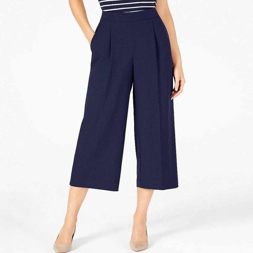 Maison Jules Pants Womens 10 Navy Blue Cropped Wide Leg Trousers High Waist NWT